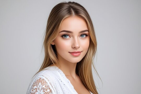 Showcase the charm of a Russian girl against a pristine white backdrop, emphasizing simplicity and grace