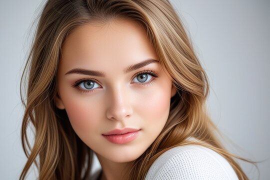 Showcase the charm of a Russian girl against a pristine white backdrop, emphasizing simplicity and grace