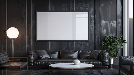 Fototapeta premium A clear photograph of a frame mockup on a wall in a modern dark home, surrounded by minimalist furnishings. With copy space for text