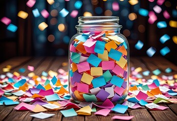 A glass jar brimming with colorful paper slips, each containing heartfelt friendship wishes, placed on a rustic wooden table