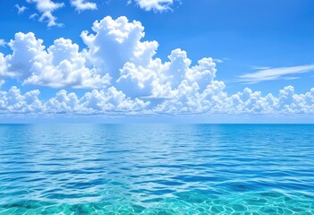 Serene ocean scene with calm, reflective waters, a clear blue sky, and fluffy white clouds in the background