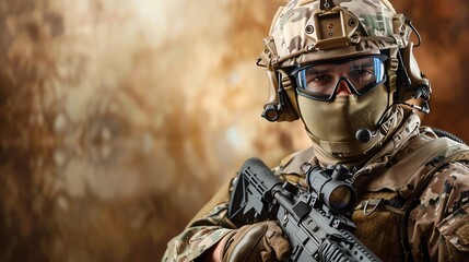 A focused soldier in tactical gear stands ready, showcasing strength and determination in a dynamic military environment.