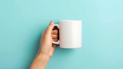 Blank White Mug in Hand Against Blue Background