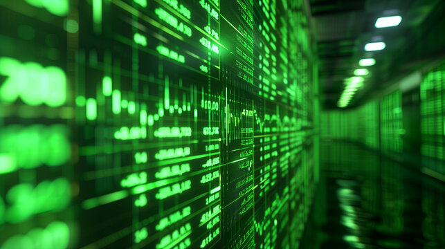 Futuristic green-lit display of S&P 500 stock market index on a large screen.