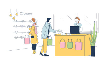 Buyers in optics store. Man and woman buy glasses and pay at cash register. Ophtalmological shop and store. Health care and medicine. Linear vector illustration isolated on white background