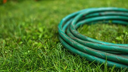 Reinforced green hose without a nozzle lays on grass
