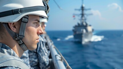 A focused soldier overlooks the ocean from a naval ship, showcasing military dedication and maritime strength.
