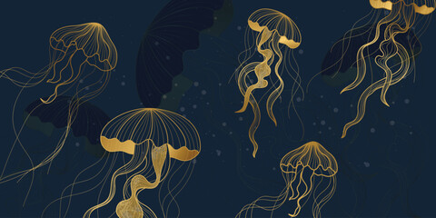 Sea animal golden line art on navy blue background vector. Wallpaper design with jellyfish, gold foil texture. Ocean painting for wall decoration, interior, cover, banner, packaging, print. © babeer