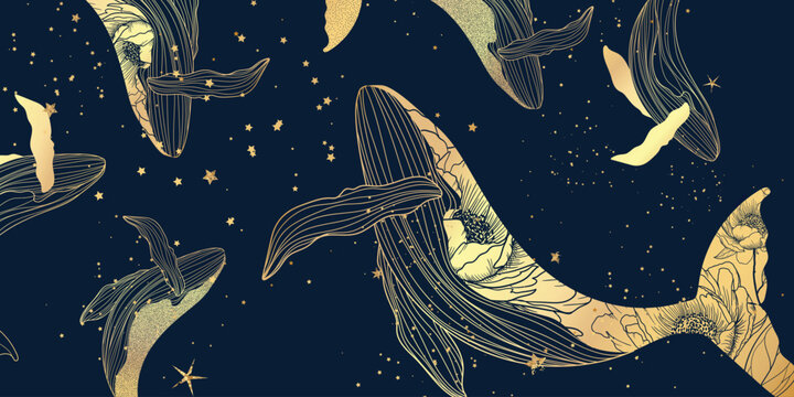 Sea animal golden line art on navy blue background vector. Wallpaper design of whale with flower pattern. Ocean painting for wall decoration, interior, cover, banner, packaging, print.