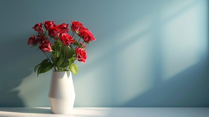 Obraz premium A bouquet of red roses in a white vase against a blue wall with sunlight streaming through the window.