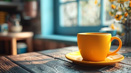 A bright yellow coffee cup sits on a wooden table near a window, bathed in warm sunlight.