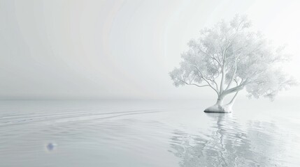 A lone, snow-covered tree stands in a serene, foggy landscape. The reflection of the tree in the water creates a mirrored image.