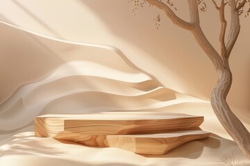 Natural wooden podium with abstract organic shapes and textures, ecofriendly presentation platform, showcasing sustainability