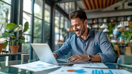 Fototapeta premium professional men are pictured working at their desks in modern office environments, each engaged with their laptops and documents.