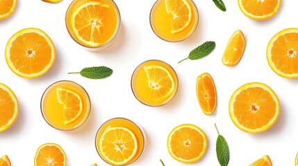 Fresh orange juice in a glass isolated on a white background, creating a seamless pattern