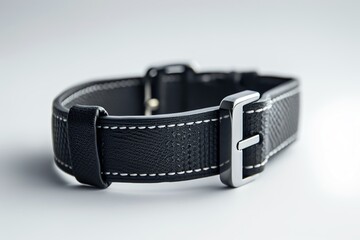 Close-up of a stylish black leather wristwatch strap with detailed stitching, showcasing modern design and durability on a light background.