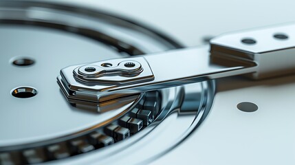 Close-up of an internal hard disk drive, showcasing the intricate details of the read/write head and metallic components.