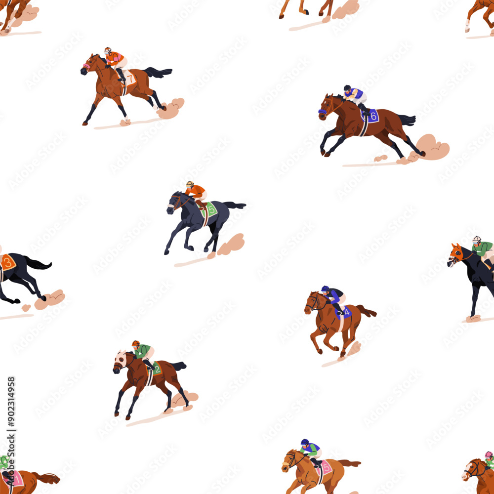 Poster jockeys on running racing horses, seamless pattern. endless repeating print, racehorses in action, g