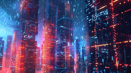 Fototapeta premium Futuristic cityscape with digital grids and data streams overlay, showcasing smart city infrastructure and connectivity