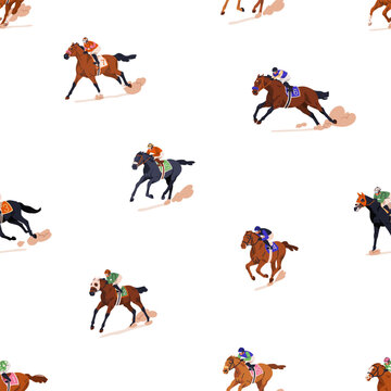 Jockeys on running racing horses, seamless pattern. Endless repeating print, racehorses in action, galloping. Equestrian sport, horseracing background for wrapping, textile. Flat vector illustration