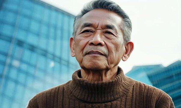 Medium shot portrait video of a serious Indonesian man in his 50s wearing a chic cardigan against a modern architectural background 