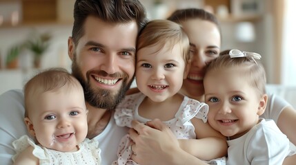 A joyful family portrait featuring parents with their smiling children, capturing love and togetherness in a warm home environment.
