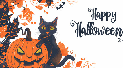 halloween cat with pumpkin and happy halloween text halloween party invitation card