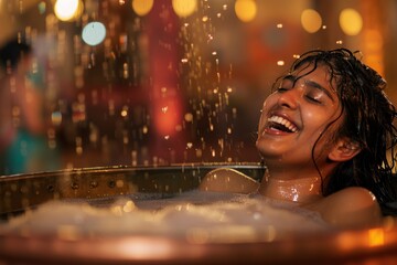A young Indian woman with glowing skin sitting in a traditional copper tub, her hair filled with bubbles as she laughs joyfully, the blurred background of ornate bathhouse elements adding a touch of