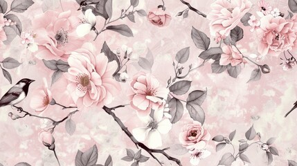 Elegant pink blooms, grey birds silver wallpaper