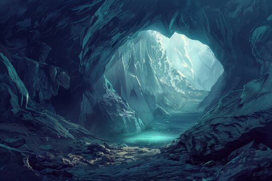 Mysterious glowing cavern with stone steps leading to an ethereal blue light