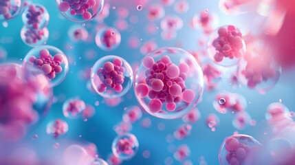 Abstract image of pink spheres floating in a blue and purple liquid, representing cells, science, or research.