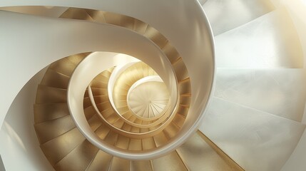 Obraz premium Abstract spiral staircase with white and gold tones, creating a sense of depth and movement.