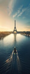 Obraz premium Rowers on the Seine with the Eiffel Tower, copy space, natural lighting