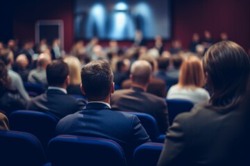 Photo of a college lecture with speakers on stage and an audience in the foreground, captured from behind against a blue colored background, with blurred people in focus. 