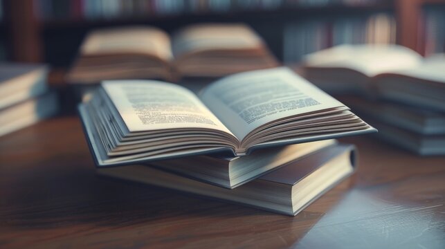 An open book on a table with other books stacked nearby and a bookshelf in the background.