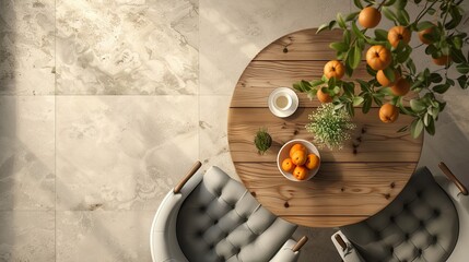 Top view of a rustic wooden dining table with chairs and fruit in a bowl.