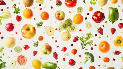 Various fresh fruits and vegetables levitating, creating a seamless pattern on a light background