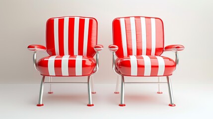 Fototapeta premium Two red and white striped chairs stand side by side against a white backdrop.