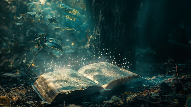 An ancient, mystical book with pages covered in cryptic symbols and encryption keys, surrounded by ethereal light and guarded by spectral figures in a dark, enchanted forest.