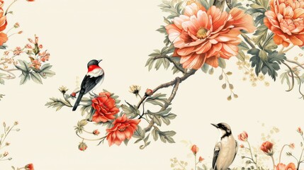 Vintage spring frame, bird's-wing flowers seamless