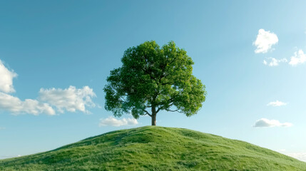 Obraz premium A solitary tree stands on a lush green hill under a clear blue sky, symbolizing nature's beauty and tranquility.