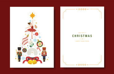 Elegant christmas tree invitation card vector set. Christmas tree, snowflake, ballet, nutcracker, christmas bauble on white background. Design illustration for cover, print, poster, wallpaper.