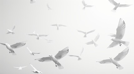 Obraz premium A flock of white birds flying in a clear, bright sky. The birds are silhouetted against the sky, creating a minimalist and serene image.