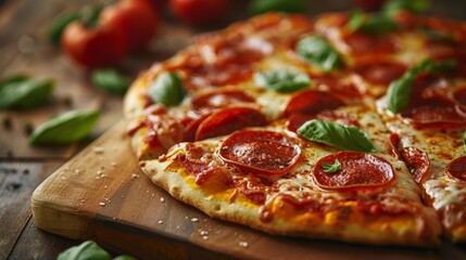 A freshly baked pepperoni pizza with melted cheese and basil leaves on a wooden board.