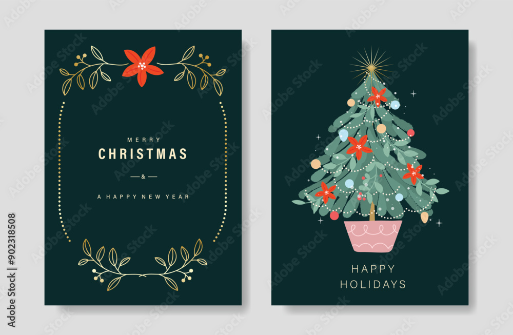 Wall mural luxury christmas tree invitation card vector set. christmas tree, christmas bauble, leaves, holly on