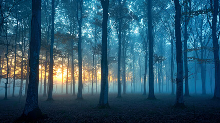 Fototapeta premium Mysterious forest at dawn, enveloped in mist and soft sunlight filtering through tall trees, creating an enchanting atmosphere.