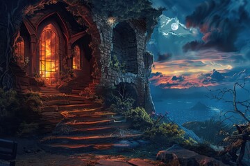 Mysterious castle ruins with bright window overlooking a fantasy landscape