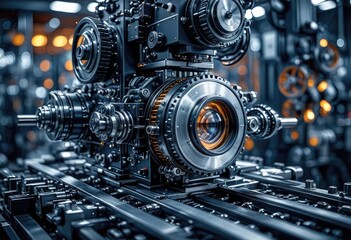 Fototapeta premium Sleek, modern machinery in action: High-tech precision instruments with futuristic design elements and industrial backdrop