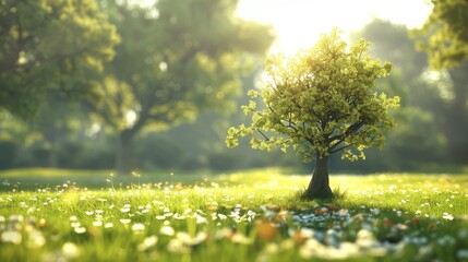 Fototapeta premium A single tree stands tall in a field of wildflowers, bathed in the warm glow of the morning sun.