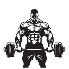  a muscular man lifting weights barbell in gym fitness superhero logo tattoo illustration design for t-shirt printing black and white icon in high quality